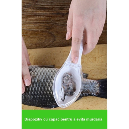 Curatator Manual Solzi de Peste, Flippy, Forma Peste , Recipient cu Capcac pentru Solzi, Plastic, Roz pal, 16x6 cm