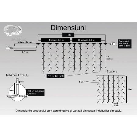 Instalatie Craciun Profesionala de Exterior IP65, Tip Perdea, 1m x 5m, 500 Led-uri Mari, Alb cald, cu flash, Alimentator 1,5 m, Interconectabila, Fir negru, Flippy