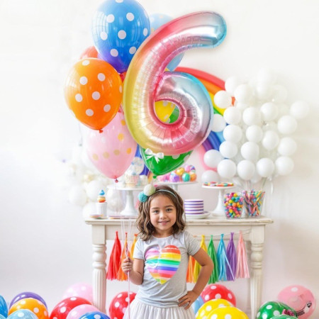 Balon din Folie Metalizata Flippy, Figurina Cifra, Tema Aniversare 40 cm, Ambalaj Individual, Pai inclus, Umflare cu Aer sau Heliu, Multicolor, Cifra 6