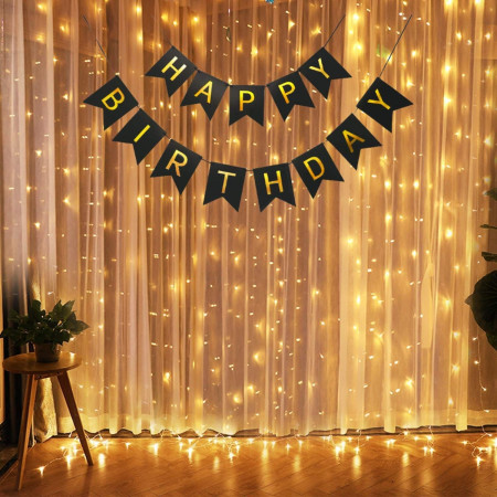 Banner Happy Birthday 100x200 cm, Flippy, Dimensiune Stegulet 11.5x16.5 cm, Rola de Ata Inclusa, Negru