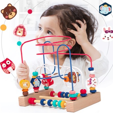 Jucarie din Lemn Montessori, Flippy, Labirint Motricitate cu Abac si Animalute, Rollercoaster pentru Copii, Educativ, Dezvoltarea Abilitatilor Motorii, Numaratoare, 22.5x22.5x15 cm, Multicolor