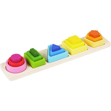 Jucarie Montessori din Lemn, Flippy, Tip Puzzle, cu 5 Forme Asimetrice, 15 Piese, Educativa, Interactiva, Creativa, Model Forme Geometrice, Materiale Non Toxice, pentru Copii peste 2 Ani, Baza 29x6.5 cm, Multicolor