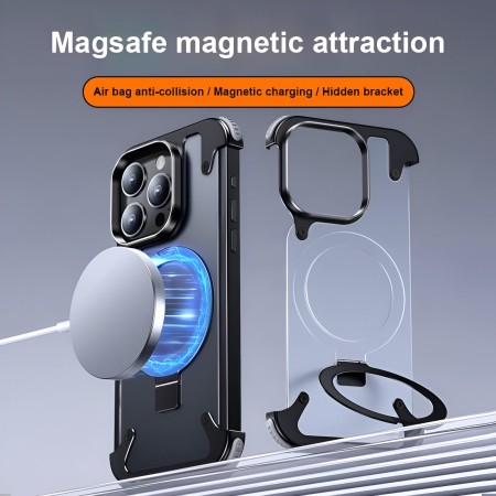 Husa de Protectie Compatibil cu iPhone 15 Pro, Flippy, Incarcare Wireless, Tehnologie Magsafe, Inel Magnetic Rotativ 360 cu Functie de Suport, Rama Metalica, Carcasa din Piele, Negru