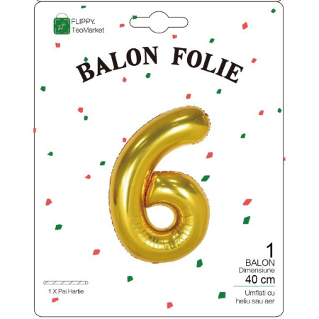 Balon din Folie Metalizata Flippy, Figurina Cifra, Tema Aniversare 40 cm, Ambalaj Individual, Pai inclus, Umflare cu Aer sau Heliu, Auriu, Cifra 6