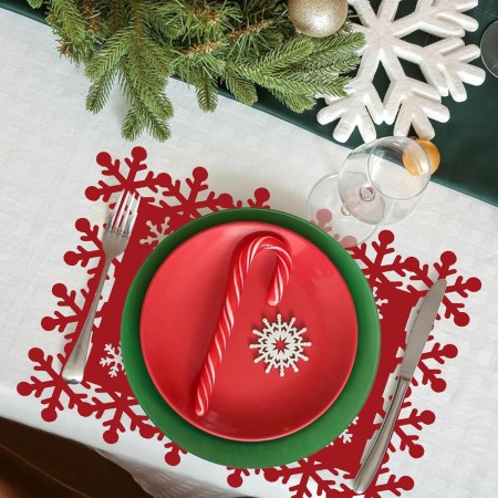 Set 12 Servete pentru Masa si Suporturi de Pahare/Tacamuri, Flippy, Scris Merry Christmas, 6 Servete 25x35 cm, 6 Suporturi de 10x10 cm, Rosu