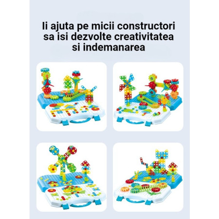 Jucarie Educativa Si Interactiva, Flippy, Set De Constructie Puzzle Din ABS Cu Bormasina Pentru Dezvoltatea Creativitatii Si A Indemanarii 2D si 3D, Valiza, +3, 31x7x25 cm, 336 Piese