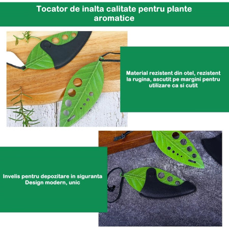 Tocator manual pentru ierburi Flippy, instrument de curatat frunze, tocator, margini ascutie, 9 gauri de diferite dimensiuni, multifunctional, material otel inoxidabil, rezistent la rugina, 14 x 5.5 cm, verde