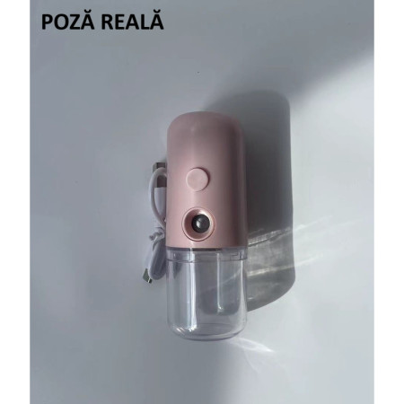 Spray de Hidratare Facială cu Tehnologie Nano, Flippy, Hidratare, Igienizare, Abur Rece, Încărcare USB, Capacitate 30 mL, 10cm, Roz