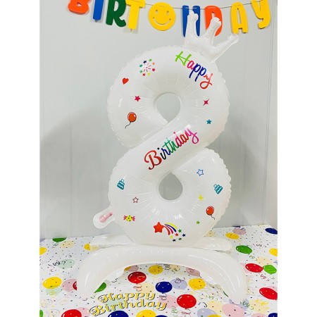 Balon din Folie Metalizata, Flippy, Figurina Cifra, Model 8 cu Happy Birthday Scris, Tema Aniversare 81 cm, Ambalaj Individual, Pai Inclus, Umflare cu Aer sau Heliu, Alb