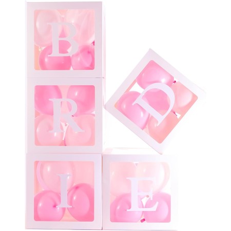 Set 5 Cutii pentru Baloane, Flippy, Model Scris Bride, Tematica Nunta, Cuburi Decorative din Plastic, Accesorii pentru Petrecere, 30 x30 cm, Transparente Contur Alb