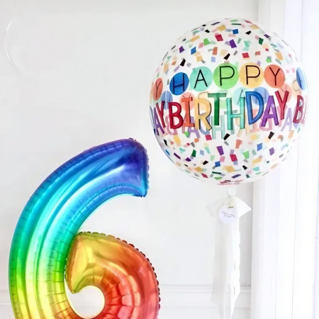 Balon din Folie Metalizata, Flippy, Figurine 4D, Model Happy Birthday, Tematica Aniversara Bombonele, 63x24 cm, Ambalaj Individual, Pai Inclus, Umflare cu Aer sau Heliu, Alb-Multicolor