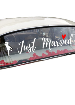 Sticker Autocolant, Flippy, Tematica Nunta, Model Indragostiti, cu Scris Just Married, 50x11.5 cm, Alb