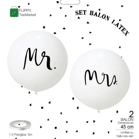 Set 2 Baloane din Latex, Flippy, Tip Jumbo, Model Mr si Mrs, Tema Nunta, 45 cm, Alb