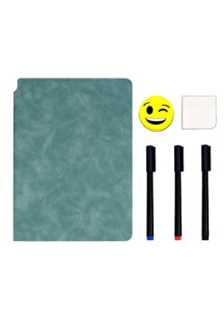 Set Agenda A5 Reutilizabila cu Pagini Tip Tabla, Agenda Pagini Albe cu Stergere Uscata, 3 Markere, 1 Burete și 1 Laveta de sters, Portabila, 24 x 16.5 cm, Coperta Piele, Verde