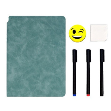 Set Agenda A5 Reutilizabila cu Pagini Tip Tabla, Agenda Pagini Albe cu Stergere Uscata, 3 Markere, 1 Burete și 1 Laveta de sters, Portabila, 24 x 16.5 cm, Coperta Piele, Verde