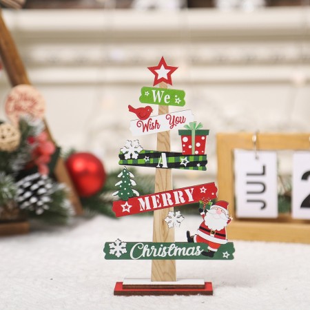 Decoratiune de Craciun din Lemn, Flippy, pentru Masa, Scris We Wish You A Merry Christmas, Model Bradut, 21.5x12.2x4 cm, Multicolor