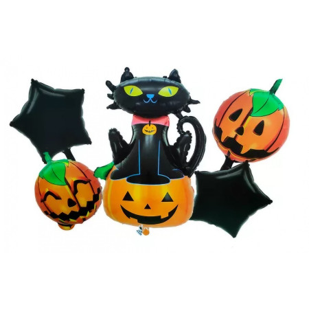 Set 5 Baloane din Folie Metalizata, Flippy, Figurine, Tema Halloween, Pai Inclus, Ambalaj Individual, Umflare cu Aer sau Heliu, Figurina Dovleac si Pisica 90x60 cm, Stelute si Cerculete 45 cm, Portocaliu-Negru