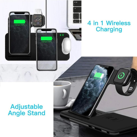 Incarcator Wireless FastCharge Flippy 4 In 1, design pliabil, 15W, Compatibil Apple Watch, Airpods, iPhone, Android, Samsung, Huawei, Xiaomi, Oppo, Negru