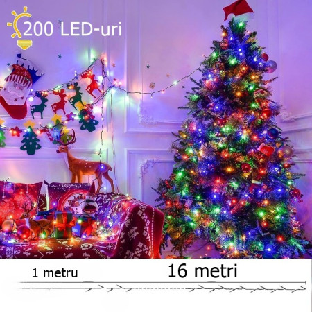 Instalatie de Craciun liniara Yoto, 17 m, din care 1 m cablu priza 220V, 200 LED, 8 jocuri de lumini, beculet in 6 colturi, pentru interior, controler, fir negru, multicolor