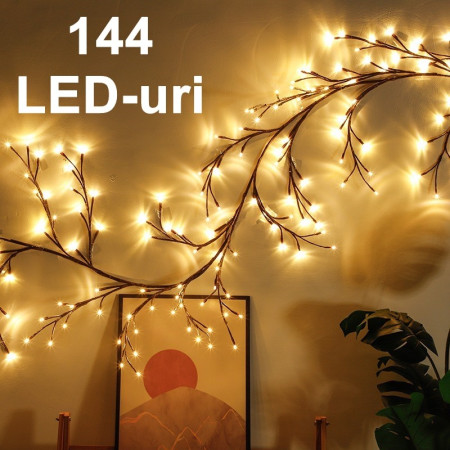 Instalatie Craciun tip Creanga Flippy, 144 LED-uri, Conectare la Retea, 8 Jocuri de Lumini, Telecomanda, 2.5 m, Prelungitor 2 m, 3V, 1.5V, Fir Negru, Alb Cald