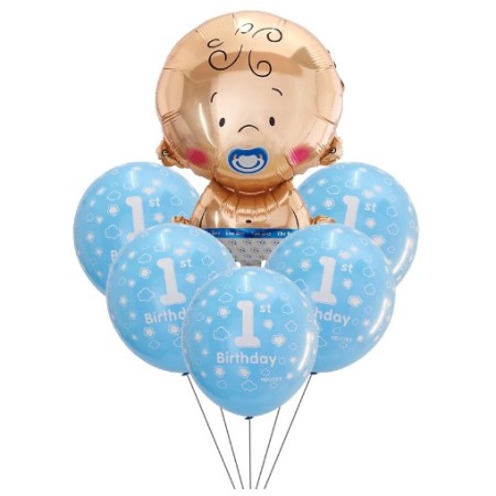 Set baloane pentru fetite, Flippy, FIRST ANIVERSARY, 5 latex 1 Birthday, 1 balon folie din aluminu baby boy, 71 cm, Albastru