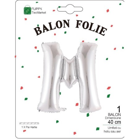 Balon Folie Metalizata Litera M, Flippy, 40 cm, Umflati cu Heliu sau Aer, Ambalaj Individual, Pai inclus, Argintiu