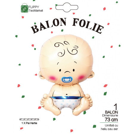 Balon din Folie Metalizata, Flippy, Figurina Baietel, Tema Botez, 73x48 cm, Ambalaj Individual, Pai Inclus, Umflare cu Aer sau Heliu, Albastru