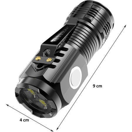 Lanterna cu 3 Nuclee Led, Flippy, Incarcare USB, Autonomie 4-20h, Raza Maxima 100-200 m, 5W, 4 x 4 x 9 cm, Suport de Agatat, Fund Magnetic, Negru Galvanizat