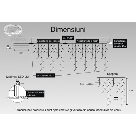 Instalatie Craciun, 39 m, 1133 Led-uri ,Franjuri, Alb rece, Flash, Transformator cu telecomanda, Interconectabila, Prelungitor 3 m inclus, Fir Transparent, Flippy