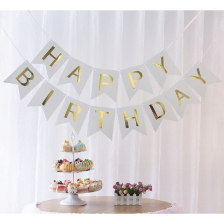 Banner Happy Birthday 100x200 cm, Flippy, Dimensiune Stegulet 11.5x16.5 cm, Rola de Ata Inclusa, Alb