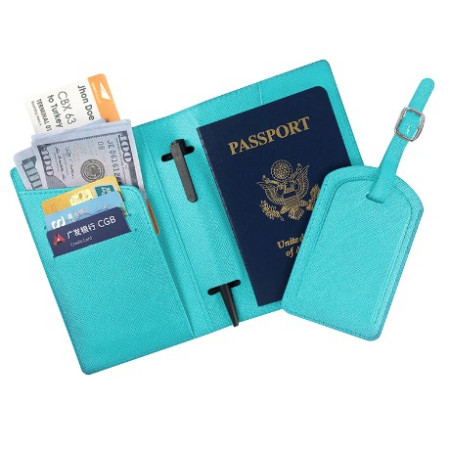 Portofel pentru Pasaport si Carduri, Flippy, 23x16 cm, 70g, din Piele PU, Suport Pix, Accesoriu Suport Eticheta, Unisex, Multifunctional, Bleu