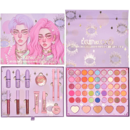 Set 13 piese cosmetice Kevin&Coco, 6 Lip Gloss, 2 Gloss drip, Ceara sprancene, Crema blus, Creion , paleta farduri 50 culori nuante rose/nude/maro, cutie patrata, multicolor