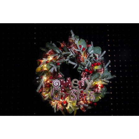 Coronita de Craciun pentru usa, Multicolor, 40 cm, PVC, Artificiala, Decorata, cu LED, Interior/Exterior, Flippy