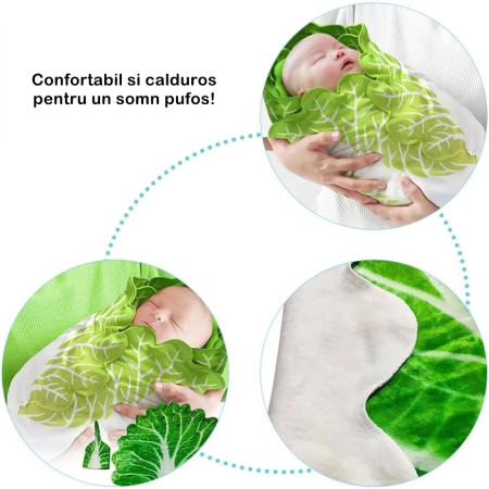 Set patura flanel si caciula Flippy, forma frunza de salata, pentru nou-nascuti, material poliester, 85 cm, verde