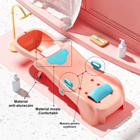 Suport Pliabil pentru Spalat Parul Flippy, Pentru Copii, cu Scurgere, cu Picioare Antialunecare, Material Polipropilena, Suport Cap Reglabil, cu Manere, 110 x 35 x 21 cm, Roz