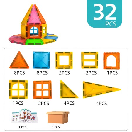 Set 32 Piese Magnetice de Constructie, Flippy, Piese 5.5 cm, Magnetic Tiles, Forme Geometrice, 3 Ani, ABS, Magnet, 20.5 x 14.5 x 12 cm, Multicolor