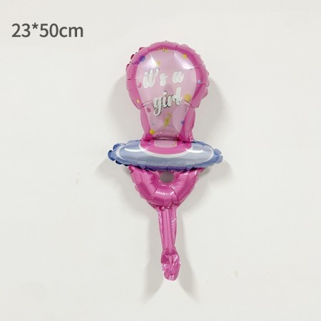 Balon din Folie Metalizata, Flippy, Mini Figurina, Model Suzeta, Tematica Gender Reveal, 23x50 cm, Ambalaj Individual, Pai Inclus, Umflare cu Aer sau Heliu, Roz