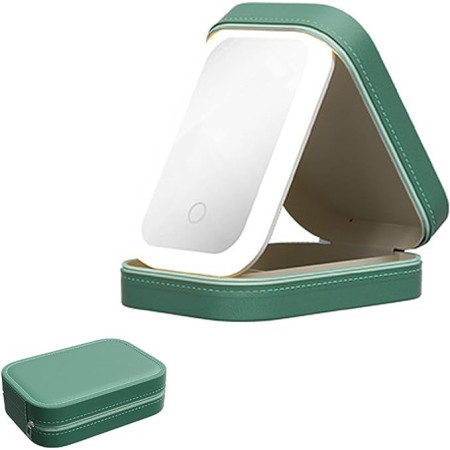 Portfard, Flippy, Geanta Cosmetice, cu Oglinda LED, 3 Moduri de Lumina, Incarcare USB, Baterie 1200 mAh, pentru Organizarea Cosmeticelor, 4 Compartimente, Imitatie Piele, Verde, 16.5x11.5x6 cm