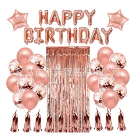 Set 47 baloane, 10 ciucuri, 2 baloane stea folie, 6 baloane latex confetti, 6 baloane galbene latex, 8 baloane negre latex, 1 Perdea Praty Folie, Litere Happy Birthday, Rose