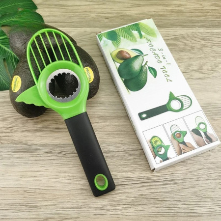 Cutit 3in1 pentru Avocado, Flippy, Cutit, Scoatere Miez si Feliator Pulpa, din PP si Otel Inoxidabil, Negru/Verde