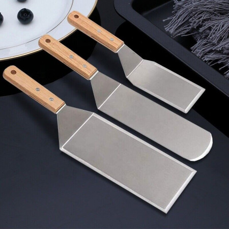 Set 3 spatule pentru gratar Flippy, din metal, margini subtiri, suprafata antiaderenta, rezistente la temperaturi ridicate, maner ergonomic din lemn, 3 forme, agatatoare, gri