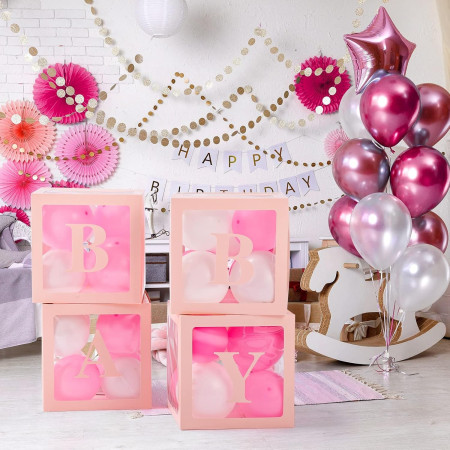 Set 4 Cutii pentru Baloane, Flippy, Model Scris Baby, Tematica Iubire, Cuburi Decorative din Plastic, Accesorii pentru Petrecere, 30 x30 cm, Transparente Contur Roz