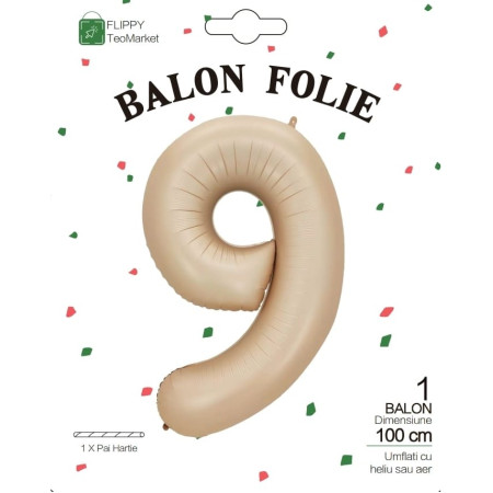 Balon din Folie Metalizata, Flippy, Figurina Cifra, Model 9, Tema Aniversare 100 cm, Ambalaj Individual, Pai Inclus, Umflare cu Aer sau Heliu, Crem