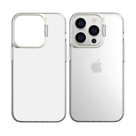 Husa de protectie pentru iPhone 14 Pro, cu suport metalic pentru camera, Bracket Series, Flippy, Protectie Antisoc, PC mat, silicon moale pe margini, Transparent