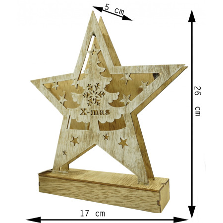 Decoratiune luminoasa, model de Stea cu Brad si inscriptie Marry Christmas, alb, lungime: 19 cm, latime: 5 cm, inaltime: 26 cm, lemn, interior/exterior