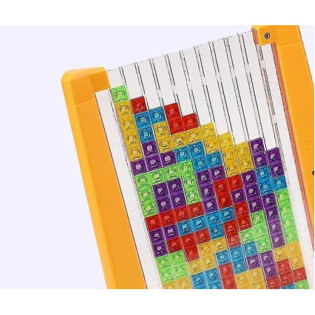 Joc de inteligenta Tetris puzzle tangram Flippy, 70 de piese multicolore, 3D, montessori, interactiv, din plastic, zar inclus, sac depozitare piese, varsta peste 6 ani, 23 x 19.8 x 5 cm, cadru galben