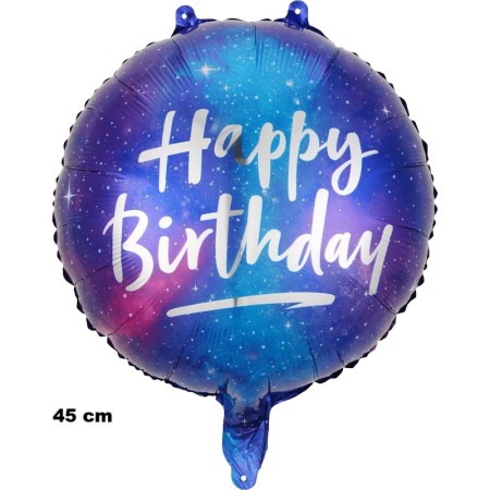 Balon din Folie Metalizata, Flippy, Mini Figurina Rotunda, Model Cer Instelat, Happy Birthday, Tematica Aniversare, 45 cm, Ambalaj Individual, Pai Inclus, Umflare cu Aer sau Heliu, Multicolor