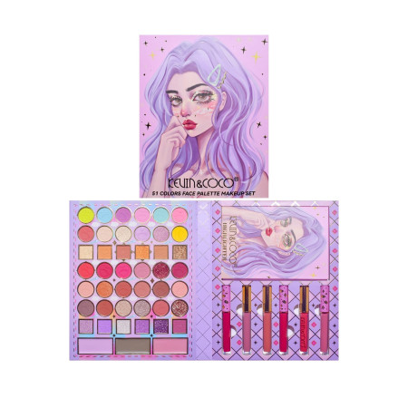 Set 8 Produse de Machiaj, KEVIN & COCO, Violet Fairy, 51 culori, 19.5 x 24.5 x 2.5 cm