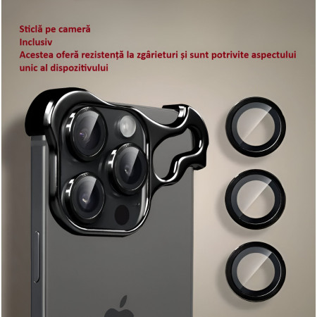 Husa Metalica Compatibila cu iPhone 15 Pro Max, Protectie pentru Colturile Telefonului si Camera, Lentile pentru Obiective, Aliaj, Antisoc, Antizgariere, Negru