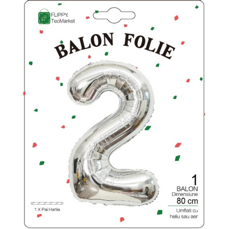 Balon din Folie Metalizata, Flippy, Figurina Cifra, Tema Aniversare 80 cm, Ambalaj Individual, Pai inclus, Umflare cu Aer sau Heliu, Argintiu, Cifra 2